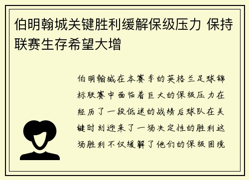 伯明翰城关键胜利缓解保级压力 保持联赛生存希望大增