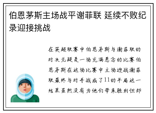 伯恩茅斯主场战平谢菲联 延续不败纪录迎接挑战