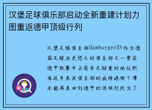 汉堡足球俱乐部启动全新重建计划力图重返德甲顶级行列