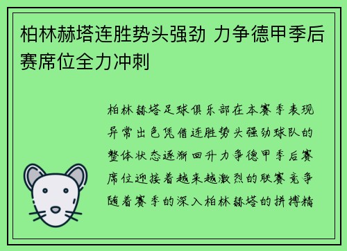 柏林赫塔连胜势头强劲 力争德甲季后赛席位全力冲刺