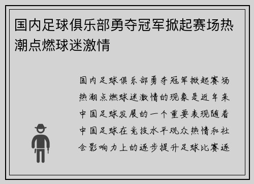 国内足球俱乐部勇夺冠军掀起赛场热潮点燃球迷激情