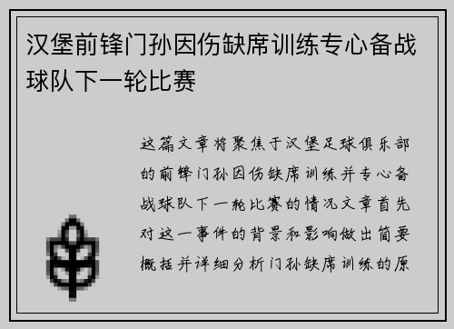 汉堡前锋门孙因伤缺席训练专心备战球队下一轮比赛