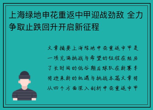 上海绿地申花重返中甲迎战劲敌 全力争取止跌回升开启新征程