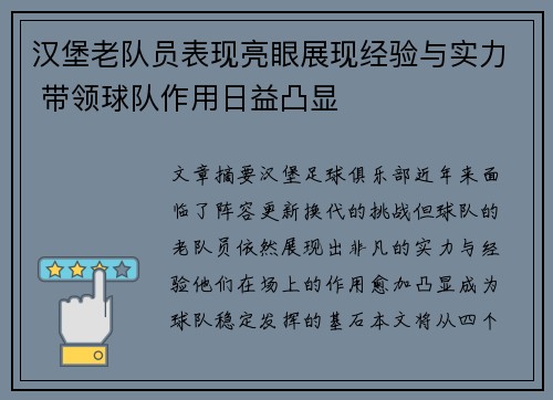 汉堡老队员表现亮眼展现经验与实力 带领球队作用日益凸显